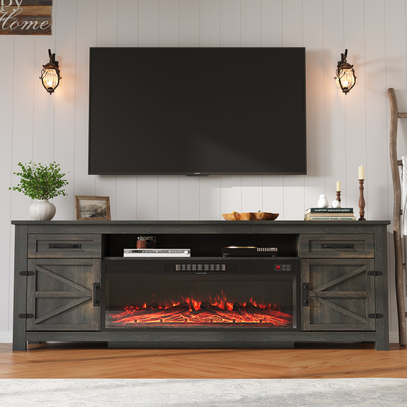 Meuble télé 70 po avec foyer électrique 36 po, meuble télé en bois pour téléviseur de 80 po ou moins, console de télévision avec tiroirs et armoires