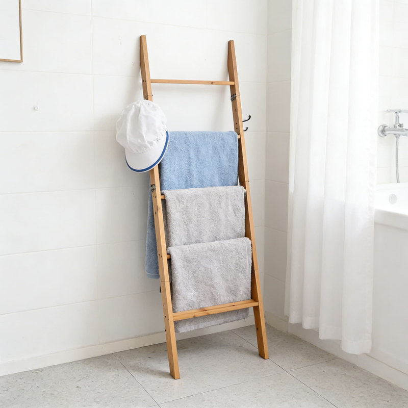 Échelle à couvertures en bois massif - Serviette décorative rustique et support à courtepointe pour le rangement du salon, de la chambre à coucher et de la salle de bain