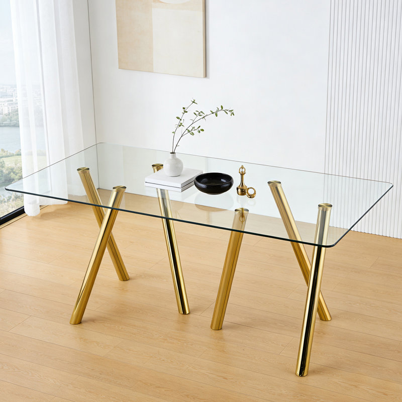 Table de salle à manger 71 pouces en verre trempé avec pieds en métal robustes, Doré