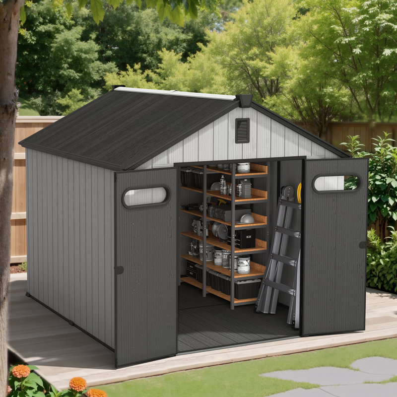 8 Ft. W X 10 Ft. D Outdoor Metal Storage Shed, Includes Acrylic Transparent Windows and Water Drainage, Gray/Black