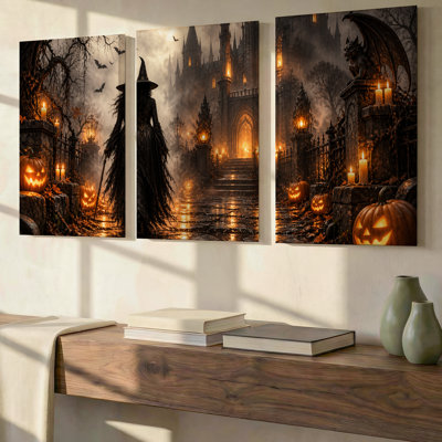 3 Pieces Exculisive Gothic Witch Castle and Bats Large Wall Art Halloween Panoramic Canvas Decor, Canvas Decor for Living Room, Bedroom and Office