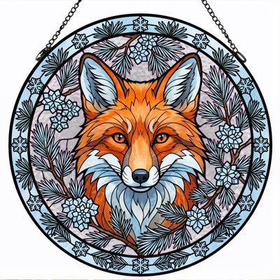 Fox Winter Stained Glass Window Panel，12"H