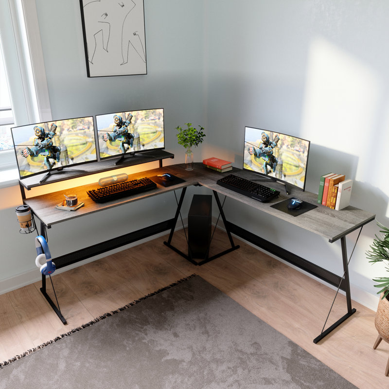 Abeyta L-Shaped Metal Base Computer Desk, Gray Oak/Black
