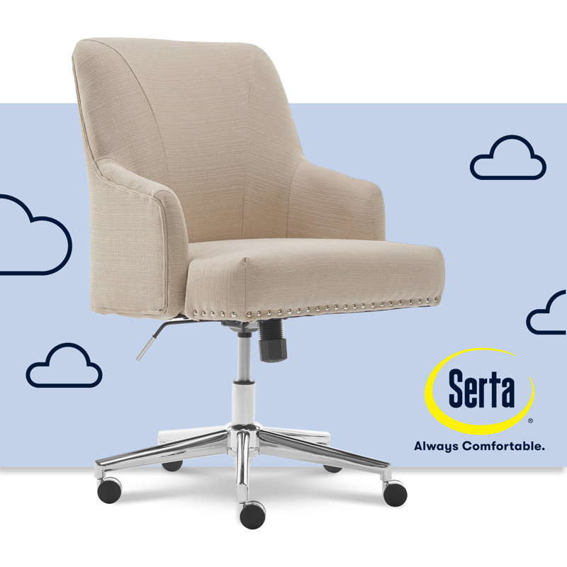 Serta Leighton Home Office Desk Chair, Mid-Back with Chrome Nailheads, Memory Foam Cushion and Padded Arms, Mid Century Modern Vanity Armchair with Wheels, Swivel Base, Twill Fabric, Stoneware Beige - Thumbnail 2
