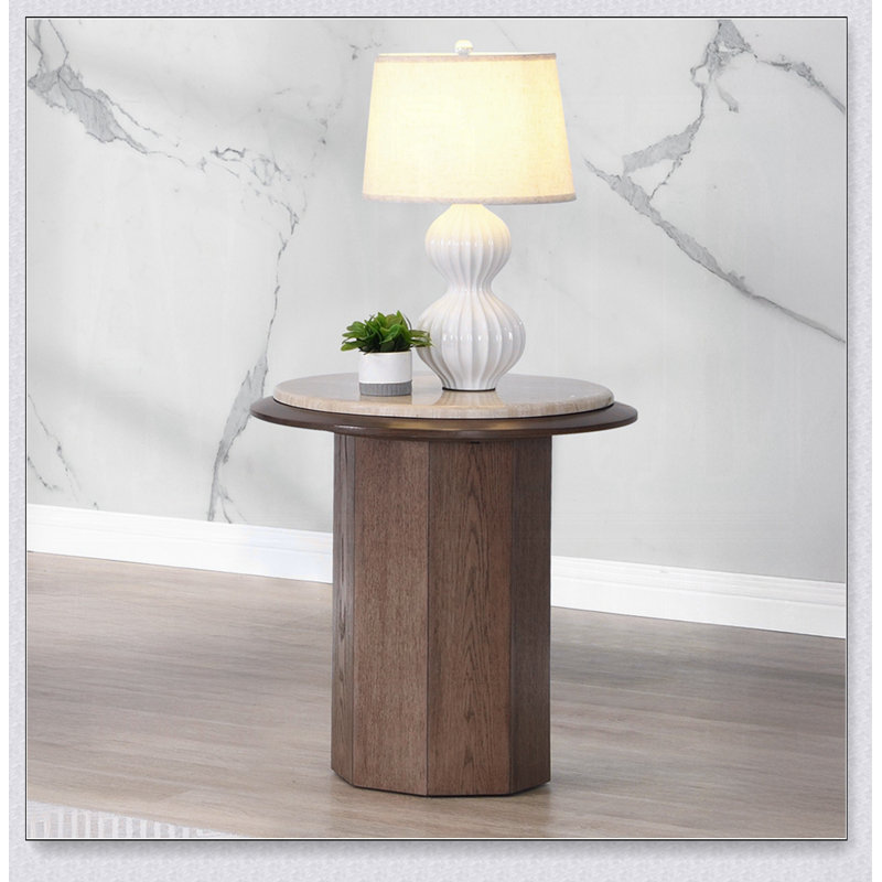 Table de bout contemporaine avec plateau en travertin et noyer, parfaite pour la vie moderne et rehaussant l'esthétique.