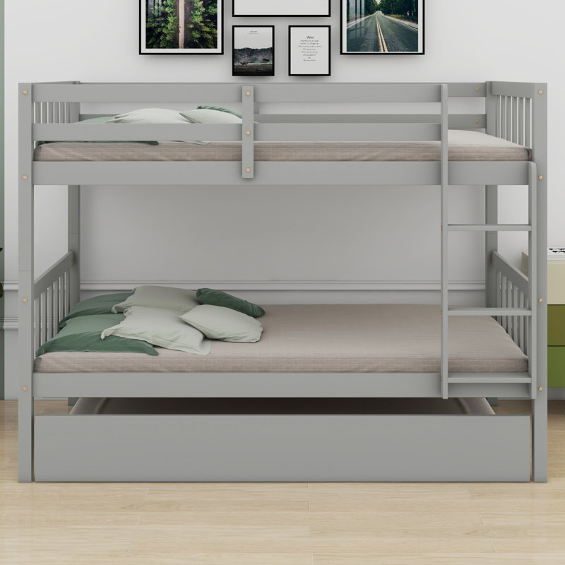 Detachable Wood Bunk Bed With Trundle, Converts To Two Beds, Space-Saving Design, Grey