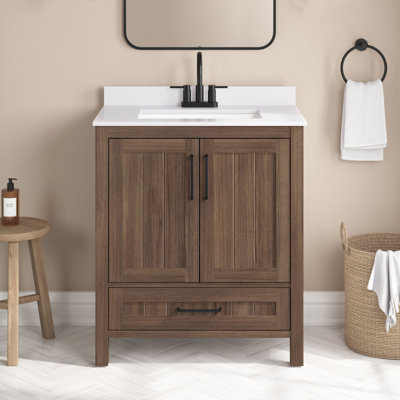 Meuble-lavabo simple OVE Kansas 91 cm (36 po) en noyer épicé, comptoir en pierre reconstituée blanc tourterelle, quincaillerie noire mate