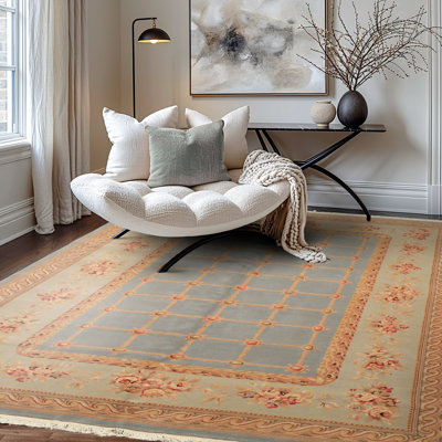 Tapis bleu marine en laine noué à la main 5 pi 10 po x 8 pi 9 po Aubusson Savonerrie