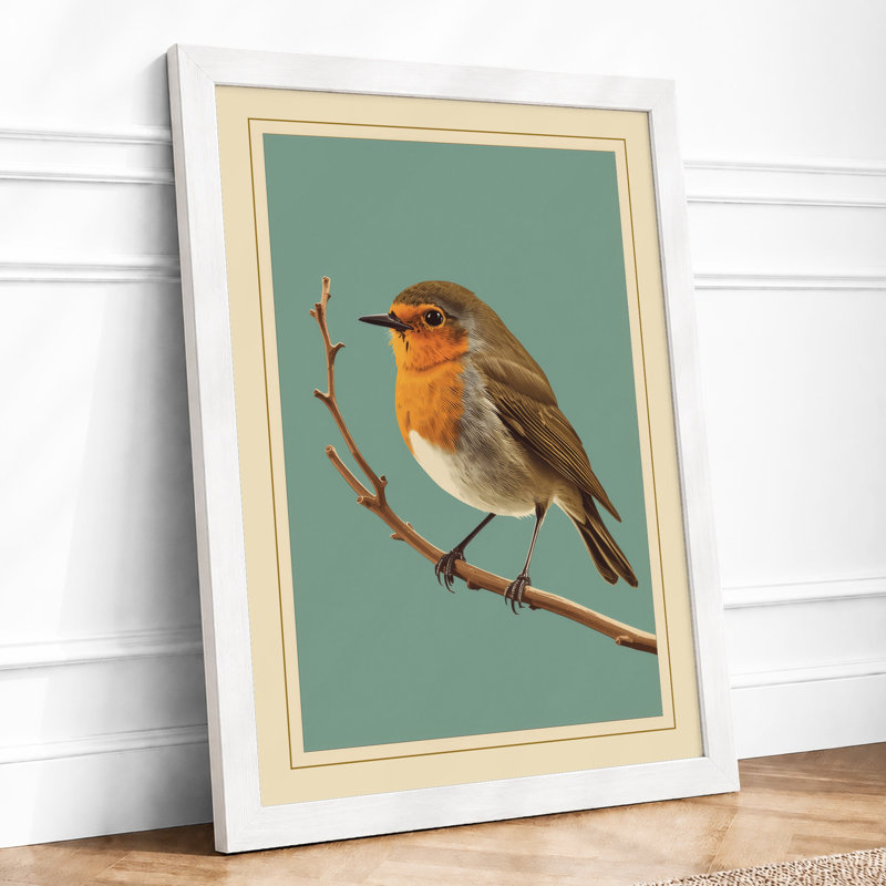 Perched Robin Botanical - Framed Print, A2 - 59.4 x 42.0 cm, White
