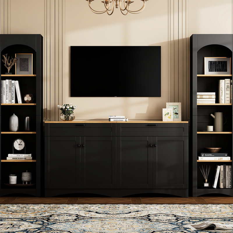 Meuble télé 70 "avec style rustique, bibliothèque de style Mid-Century, buffet à tablettes réglables, rangement central noir et tablettes, Design,