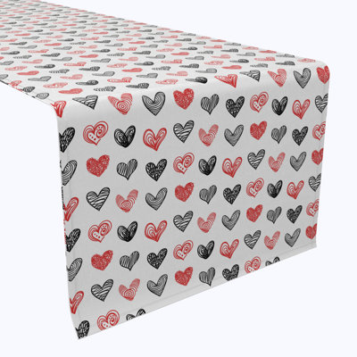 Table Runner, 100% Cotton, 16X90", Black And Red Doodle Hearts