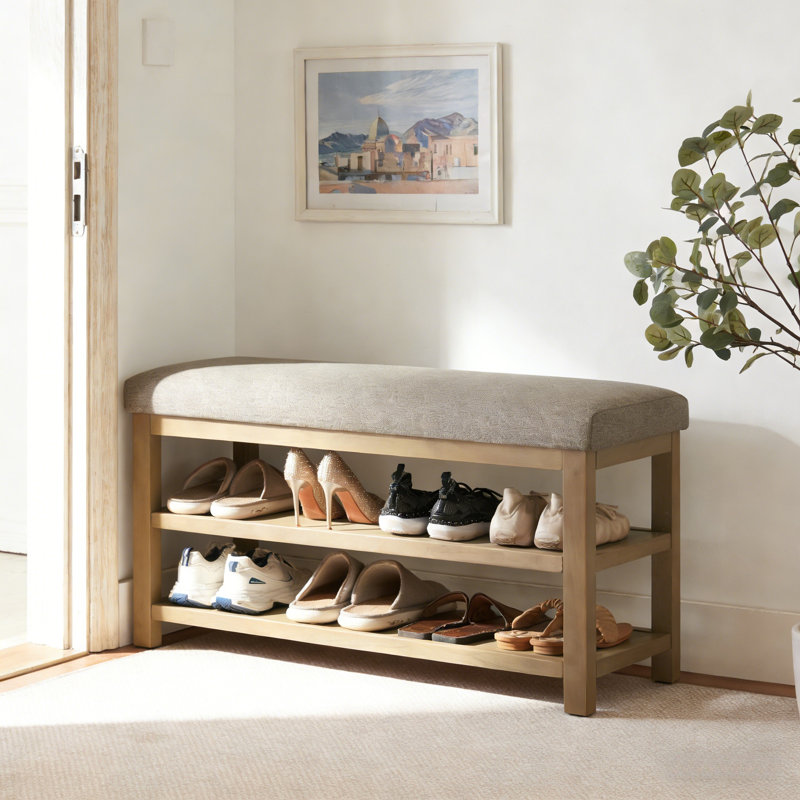 Banc de rangement avec coussin Mid-Century, Light Yellow Wood/Gray