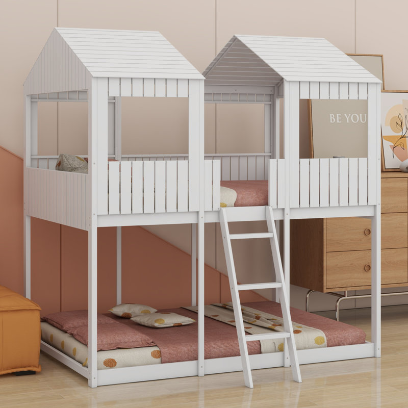 Wood Bunk Bed With Roof, Window, Guardrail, White