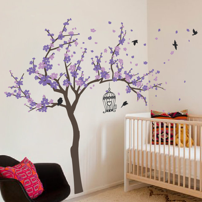 Décalcomanie murale Arbre en fleurs et oiseaux, H 72 po x l 92 po x p 0,01 po, Mauve