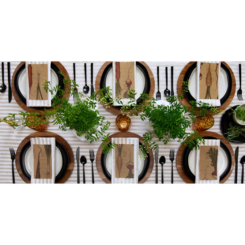 Natural and White Striped Linen Rectangular Tablecloth 60 x 90 Inch