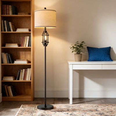 Industrial Modern Floor Lamp With Dual Lighting And Linen Shade - Adjustable Standing Lamp For Living Room, Bedroom, Or Office Reading Light, Includes Bulbs