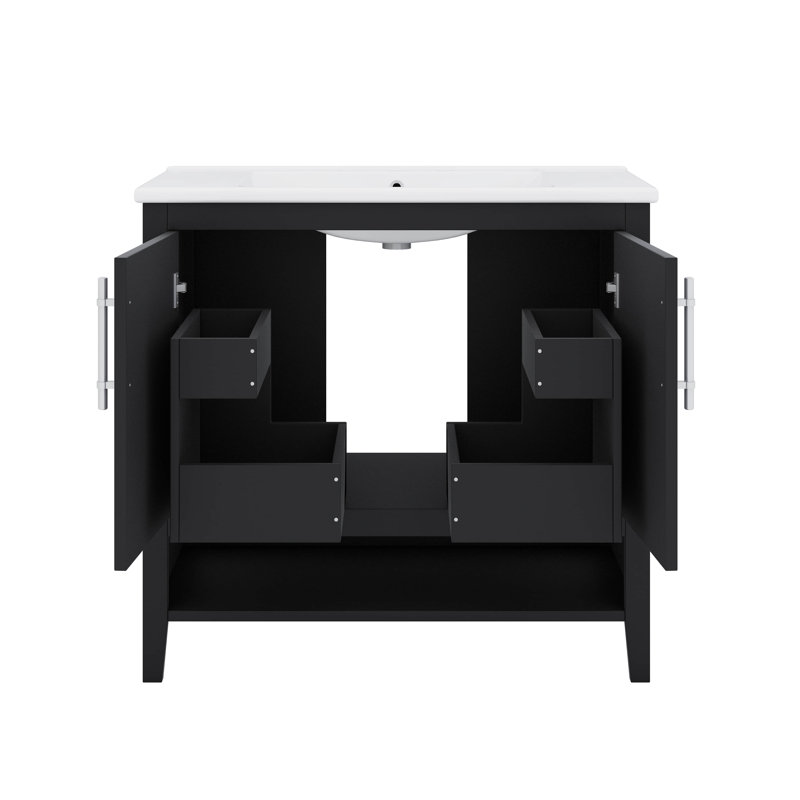 Meuble-lavabo de salle de bain avec lavabo intégré avec portes d'armoire et tiroirs polyvalents, Noir, 36"