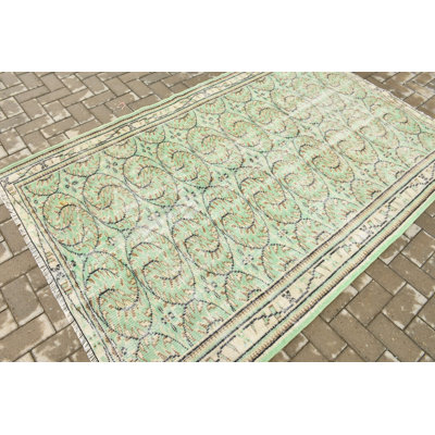 Tapis turc rétro vert Oushak idéal pour l'extérieur et la décoration de chambre à coucher