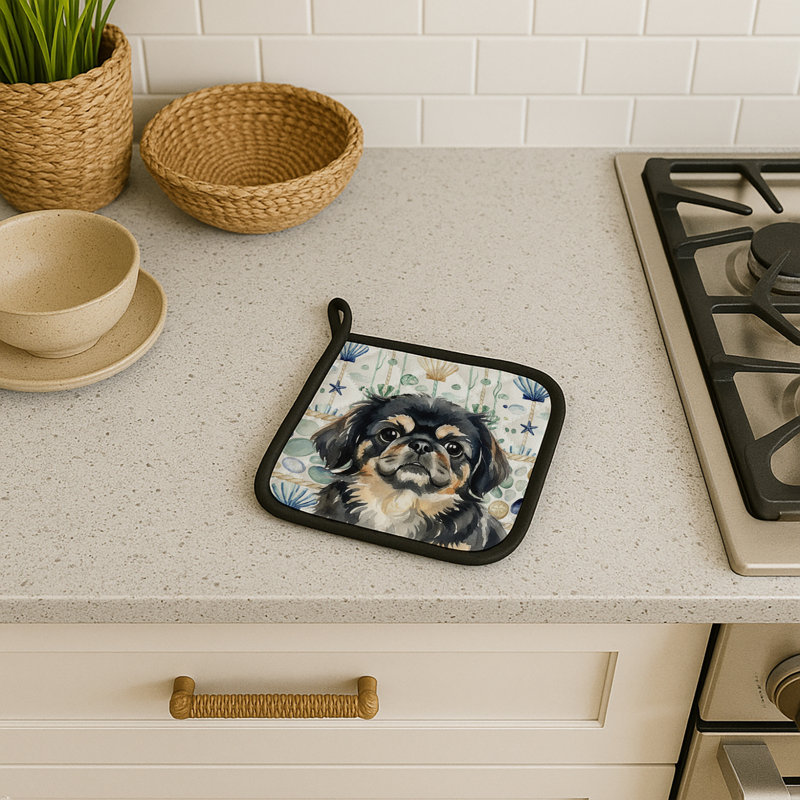 Black and Tan Pekingese Coastal Sea Glass Pair of Pot Holders