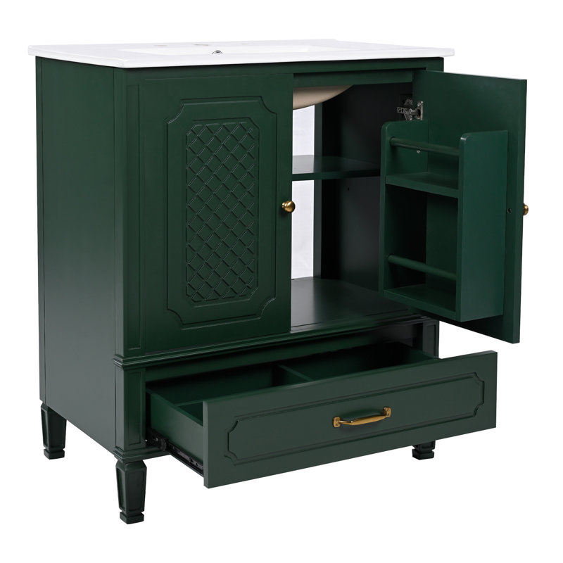 Meuble-lavabo vintage avec lavabo, rangement et fabrication durable, Vert foncé, Doré