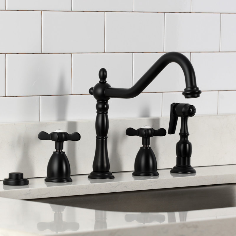 Kingston Brass Essex Double-Handle 4-Hole Widespread Kitchen Faucet With Brass Sprayer, Matte Black