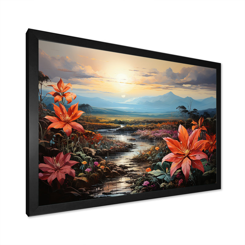 Charme de poinsettias en présence de volcan, Cadre simple noir, H 34 po x l 44 po x P 1,5 po
