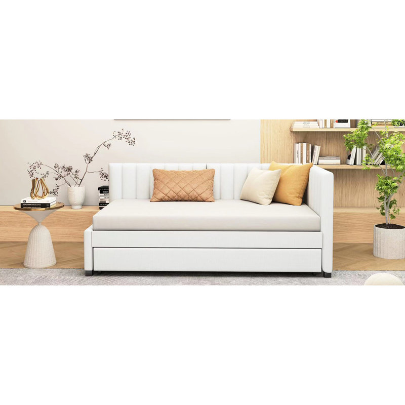 Lit de jour rembourré en lin beige avec lit gigogne simple, sans sommier tapissier