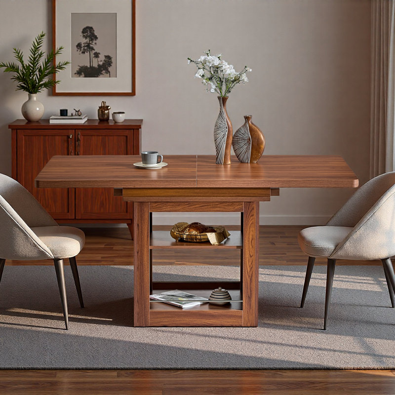 59''-71'' Expandable Dining Table, Rectangular Kitchen Dining Table With Two Open Shelves, Accommodating 4-8 People, Walnut