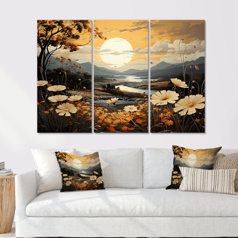 Golden Meadows of Flowers Fields I - ensemble de reproductions d'art mural, Toile tendue, H 32 po x l 48 po x P 1 po
