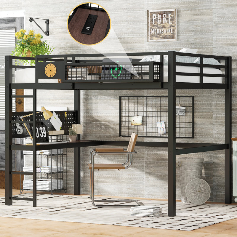 Grand lit mezzanine en métal avec bureau et panneau perforé Roomfitter, structure haute avec panier de rangement, noir