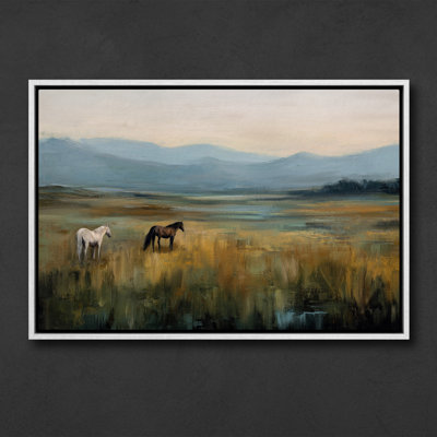 Peaceful Horses in Open Meadow Landscape Framed Print Wall Art