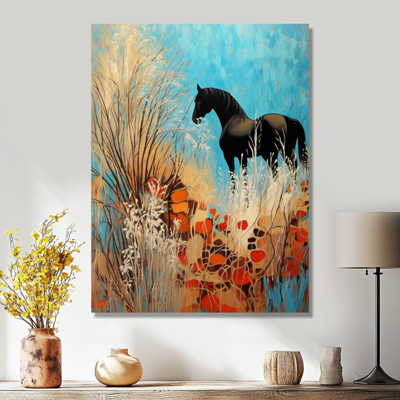 Cheval noir dans la forêt magique rétro - cheval, art mural, salon, Toile tendue, H 44 po x l 34 po