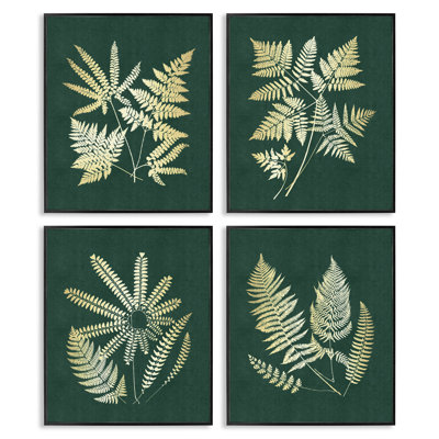Feuilles de fougère lumineuses, ensemble de 4 giclées encadrées, design par JJ Design House LLC