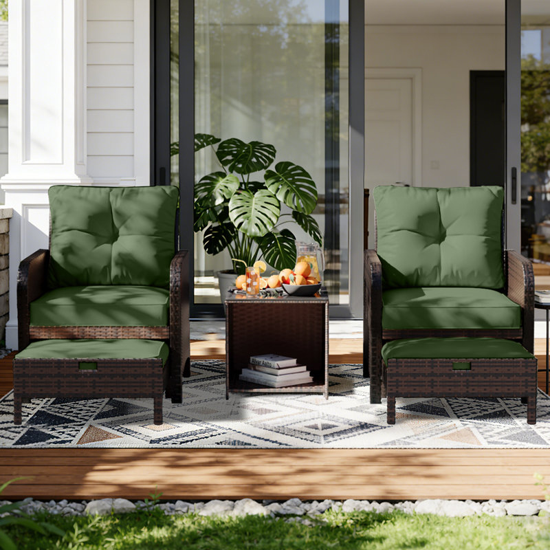 5-Piece Wicker Patio Conversation Set Outdoor Seating Group with Table and Green Cushions, Green