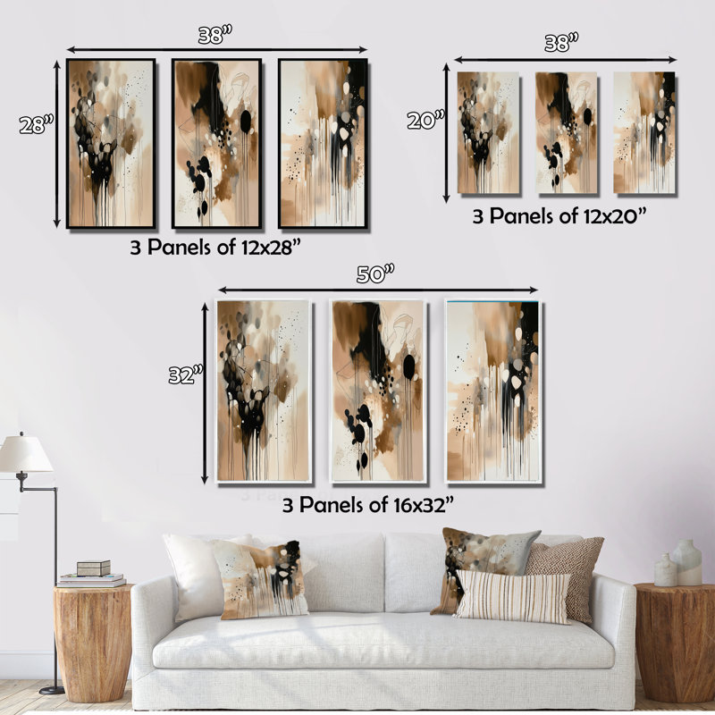 «Brown Mindful Abstraction», 3 pièces sur toile, Cadre flottant blanc, H 20 po x l 36 po