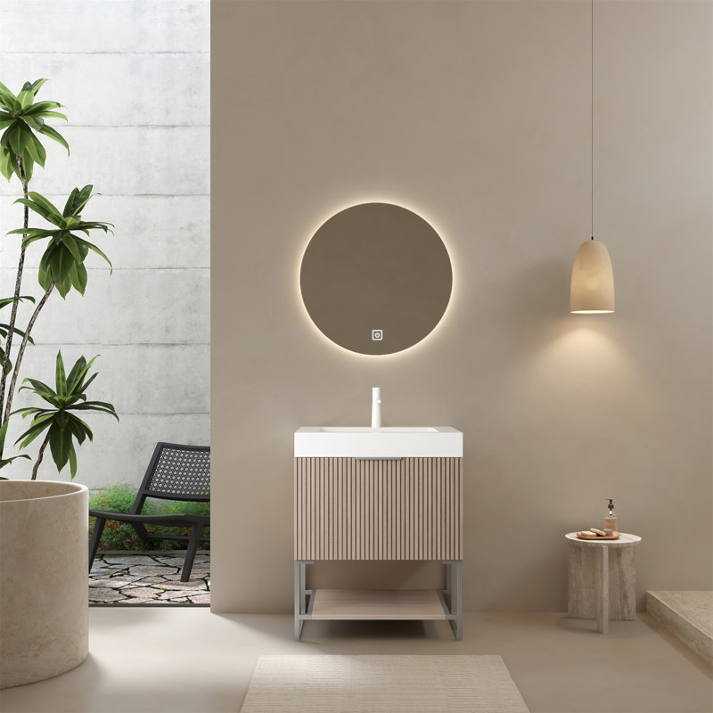 Meuble-lavabo 24 po avec lavabo, armoire de rangement autoportante en contreplaqué rayé avec tiroir et lavabo intégré rectangulaire en acrylique sans robinet pré-assemblé