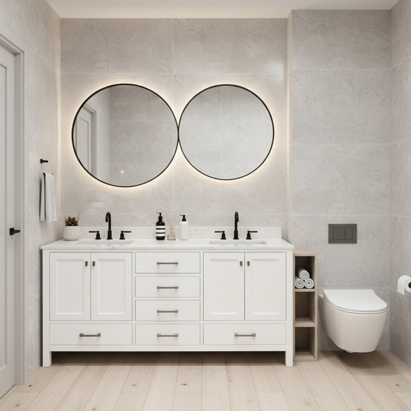 Armoire de rangement de salle de bain en bois massif de 72 pouces, conception à 2 cuves, look épuré, meuble-lavabo léger avec cadre 72 po, comptoir blanc, fermeture en douceur, fabrication