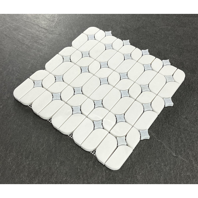 Water Jet Thassos White Marble and Blue Celeste Novelty Mosaic Wall & Floor Tile