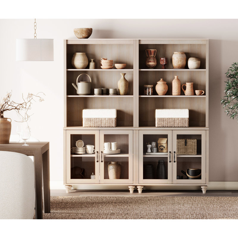 Sideboard Cabinet With Bar Hutch, Buffet Cabinet With Glass Doors And 5 Tier Shelve, Light Beige, 68''