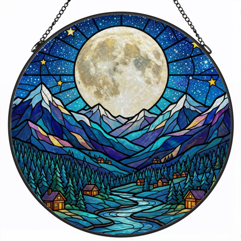Panneau de vitrail 12 "H Moonlit Mountains, H 12 po x l 12 po