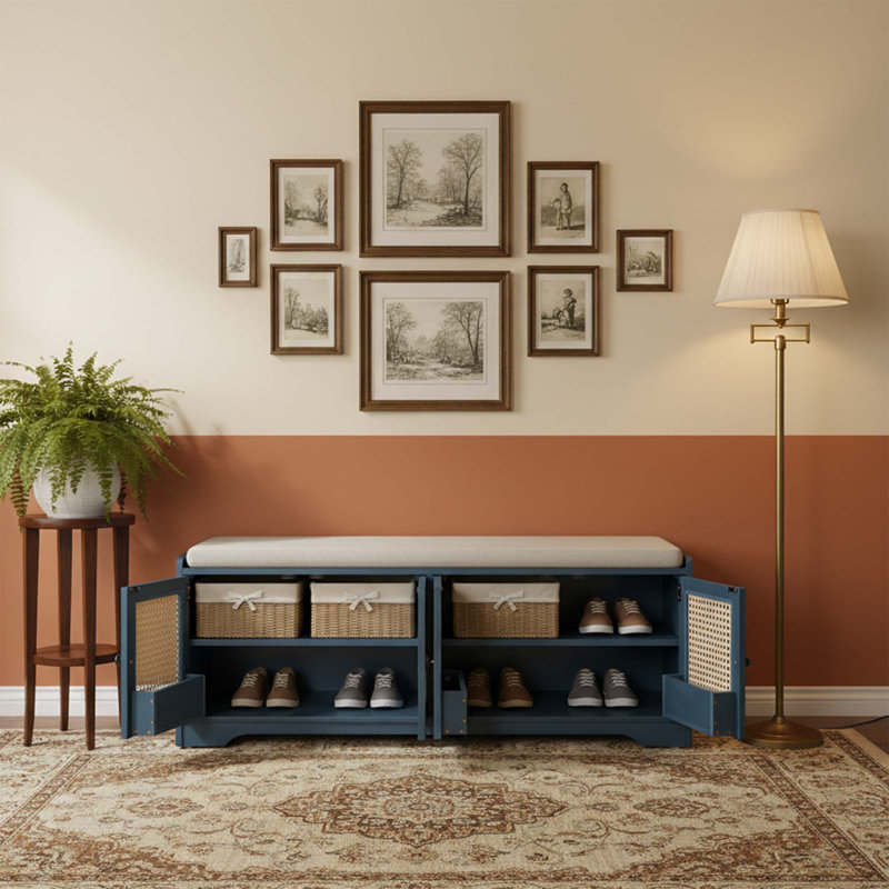 Farmhouse Rattan Door Storage Bench with Cushioned Seat, Adjustable Shelves, Multifunctional Wood Shoe Bench for Entryway, Hallway and Living Room