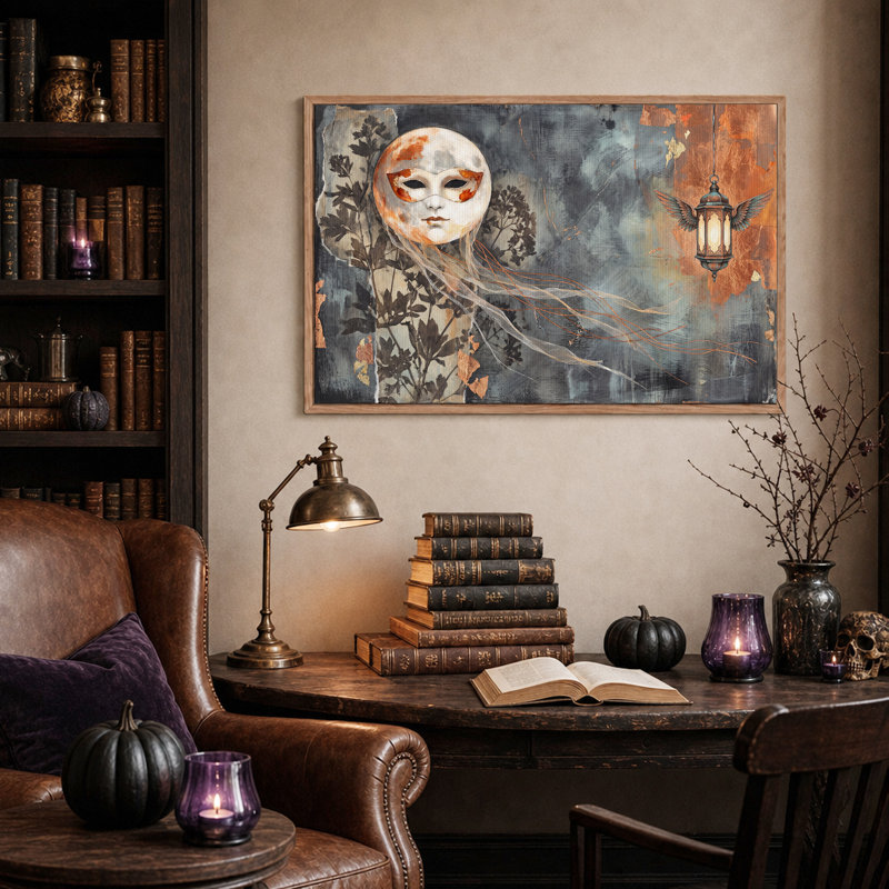 Art mural sur toile, masque blanc et lanterne ailée en texture cuivre, H 18 po x l 24 po