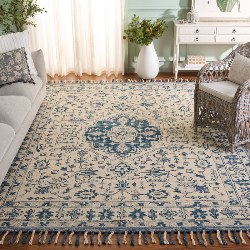 Tapis ivoire / bleu en laine / coton touffeté à la main Arkadijus, Rectangle 8 pi x 10 pi