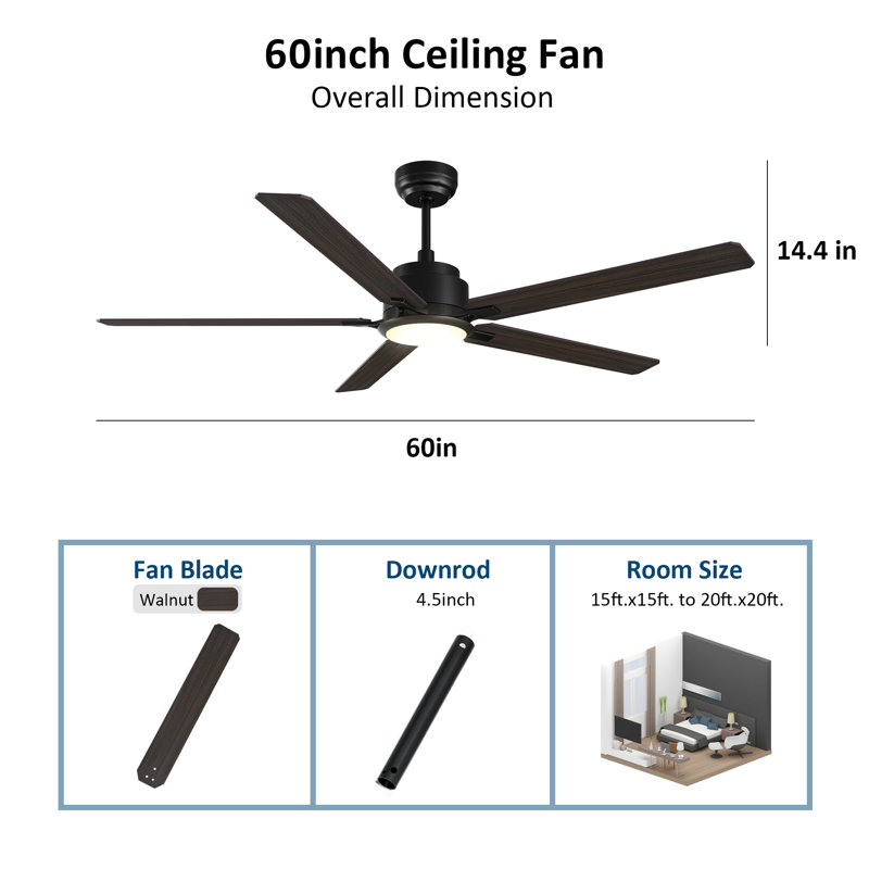 Ventilateur de plafond intelligent de 60 po avec éclairage à DEL, télécommande, moteur CC réversible Emerzon.