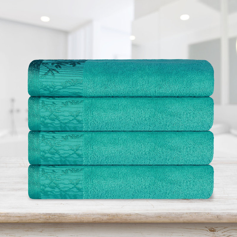 Carinna Cotton Medium Weight Floral Jacquard Border Assorted Bathroom Towel Set, Turquoise, Bath Towels - 4 Pack