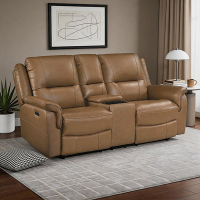 Lucien 72" Modern & Contemporary Top Grain Leather Power Double Reclining Love Seat with Centre Console, Wireless Charger, Hidden Cup Holders and Wall-Hugger Design