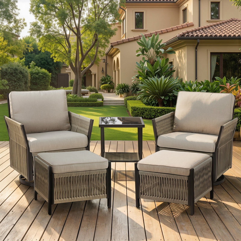 5 Piece Outdoor Woven Rattan Rope Swivel Glider Set with Ottomans & Side Table, Beige