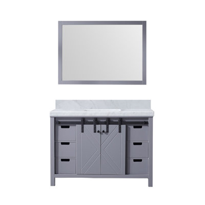 Marsyas 48 in W x 22 in D Dark Grey Bath Vanity, Carrara Marble Countertop and 44 in Mirror -  Lexora, LM342248SBBSM44