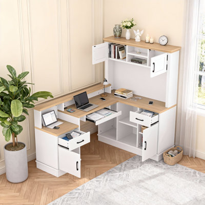 66.5" Farmhouse Desk With Hutch, L-shape Wood Executive Desk With Keyboard Tray And Open Storage, 2 Storage Cabinet by Inbox Zero