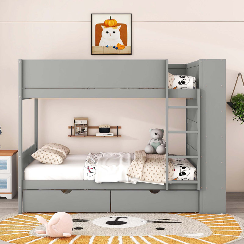 Lit superposé double avec 2 tiroirs et armoire multicouche, gris, Gris, Double